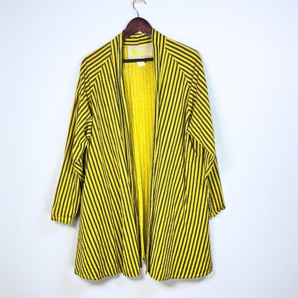 Vintage 90s Oversized Cardigan Garment Dyed Cotton Yellow Pinstripe Large